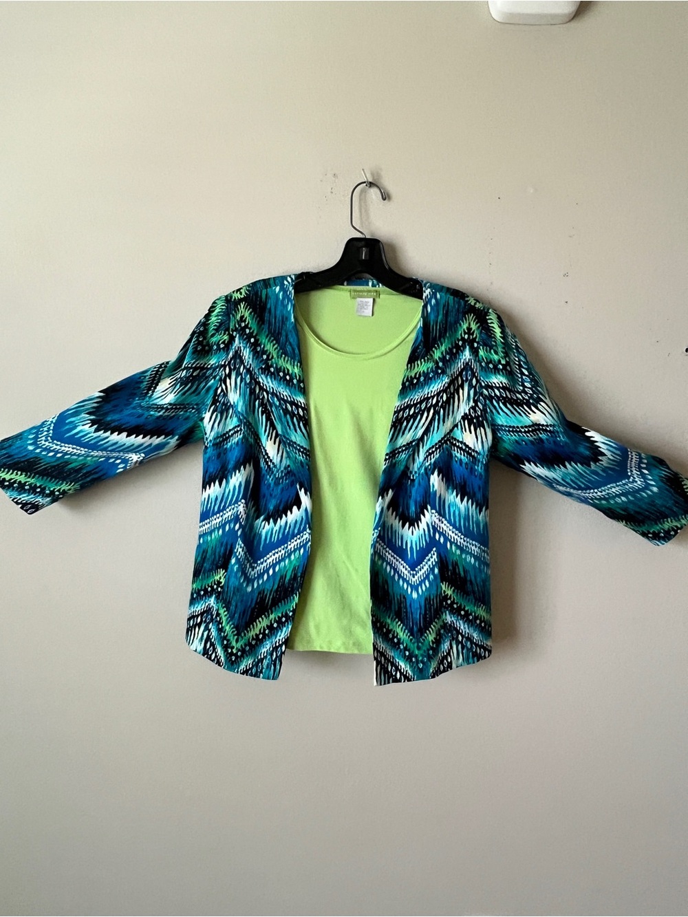 Chico's Open-Front Chevron Jacket in Teal, Blue & Lime